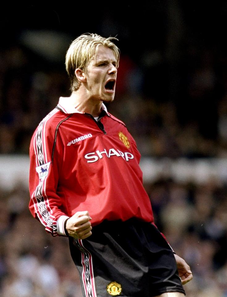  David Beckham of Manchester United celebrates during the FA Carling Premiership game between Leeds United v Manchester United