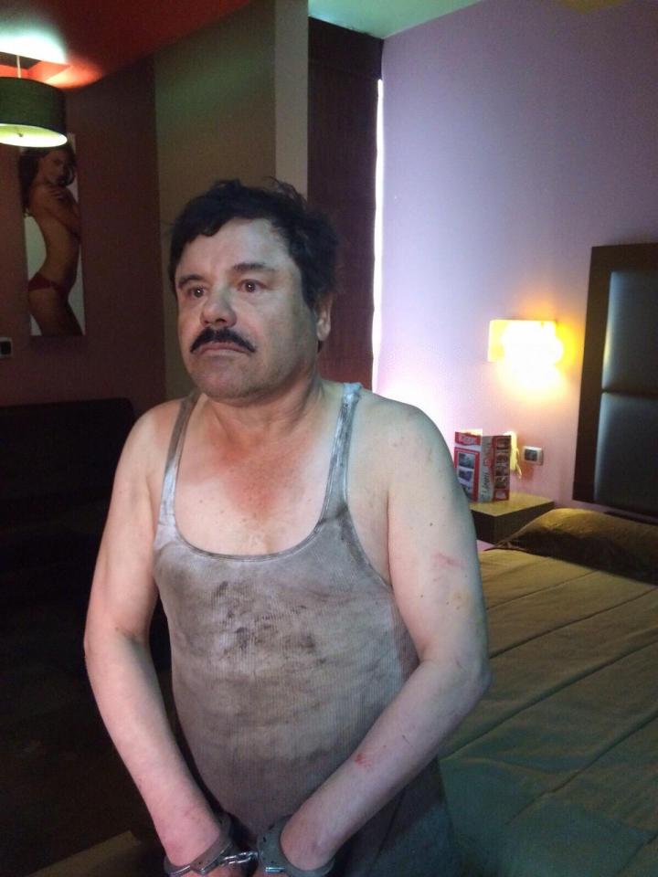 El Chapo handcuffed after his arrest in Los Mochis Township, Sinaloa, Mexico, in January 2016