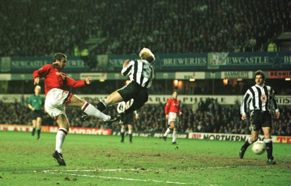 Eric Cantona scores a crucial winner at St James' Park for Manchester United