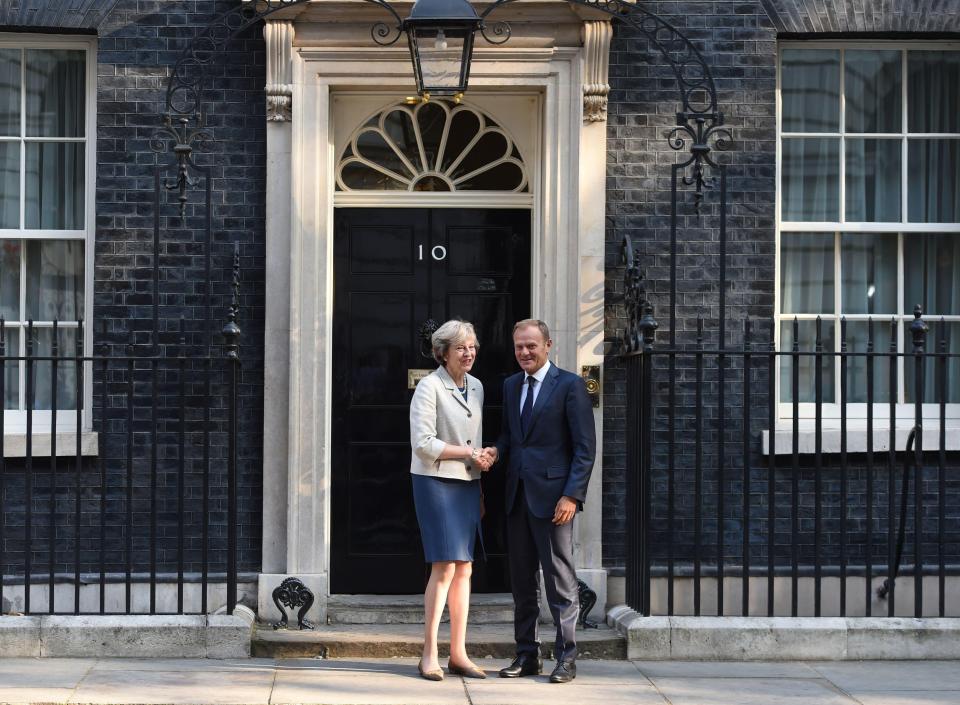  Theresa May welcomed Donald Tusk to Downing Street last year