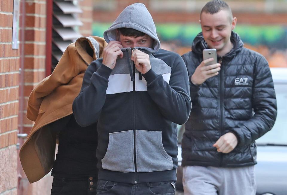  Steven Knox (centre) at Peterlee Magistrates' Court where he was sentenced to 16 weeks behind bars