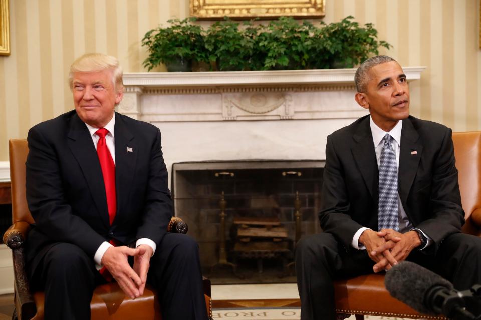  President-elect Donald Trump and outgoing President Barack Obama at their first meeting in the White House