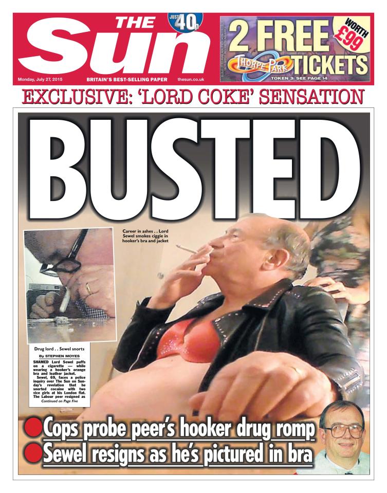  Lord Sewel snapped in 2015 snorting cocaine with two £200 hookers by Sun journos