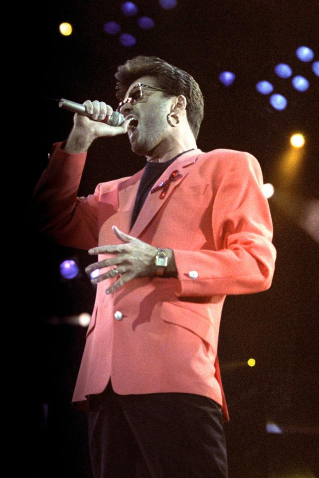 George Michael singing on stage during a Freddie Mercury Tribute Concert at Wembley Stadium in London in 1992