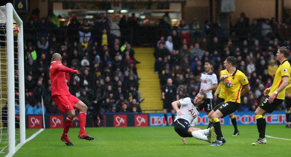  Heurelho Gomes can do nothing to stop Harry Kane firing Tottenham two-up at Vicarage Road