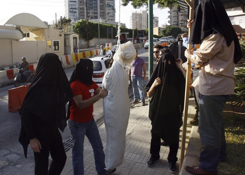  Lebanese human rights activists set up a mock gallows outside the Saudi embassy in Beirut. File picture