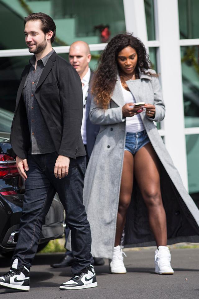 Serena Williams flashed her engagement ring as she boarded a helicopter with her fiance