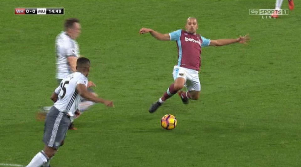  The West Ham attacker did have both feet off the ground when he went flying in