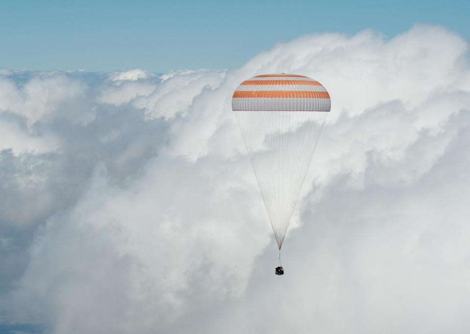  The Soyuz TMA-19M spacecraft is seen as it lands with Expedition 47 crew members Tim Kopra of NASA, Tim Peake of the European Space Agency, and Yuri Malenchenko of Roscosmos near the town of Zhezkazgan, Kazakhstan