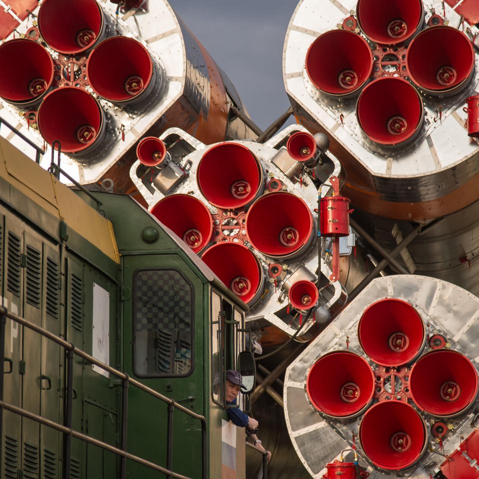  The Soyuz MS-01 spacecraft is rolled out by train to the launch pad at the Baikonur Cosmodrome, Kazakhstan