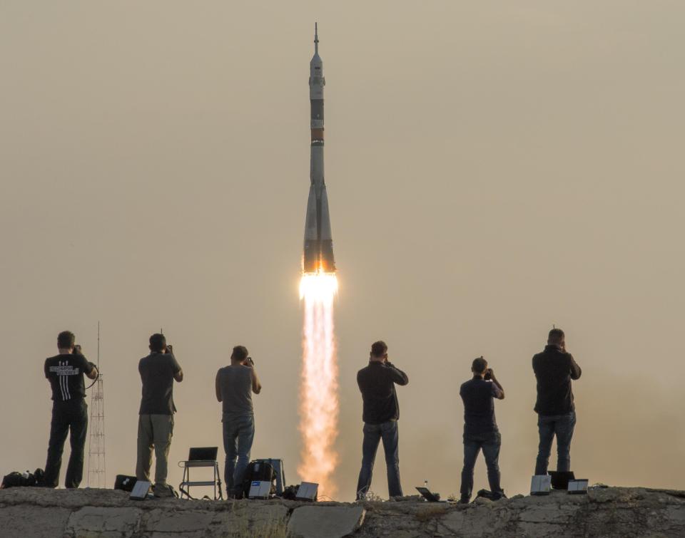  The Soyuz MS-01 spacecraft launches from the Baikonur Cosmodrome