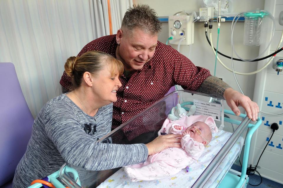 Darcey Grace spent the first three months of her life in intensive care with her concerned parents Gill and Mark by her side