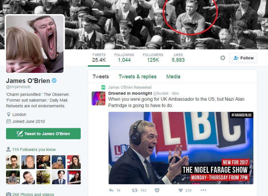  Mr Farage's new colleague retweeted a comment calling him a "Nazi Alan Partridge"