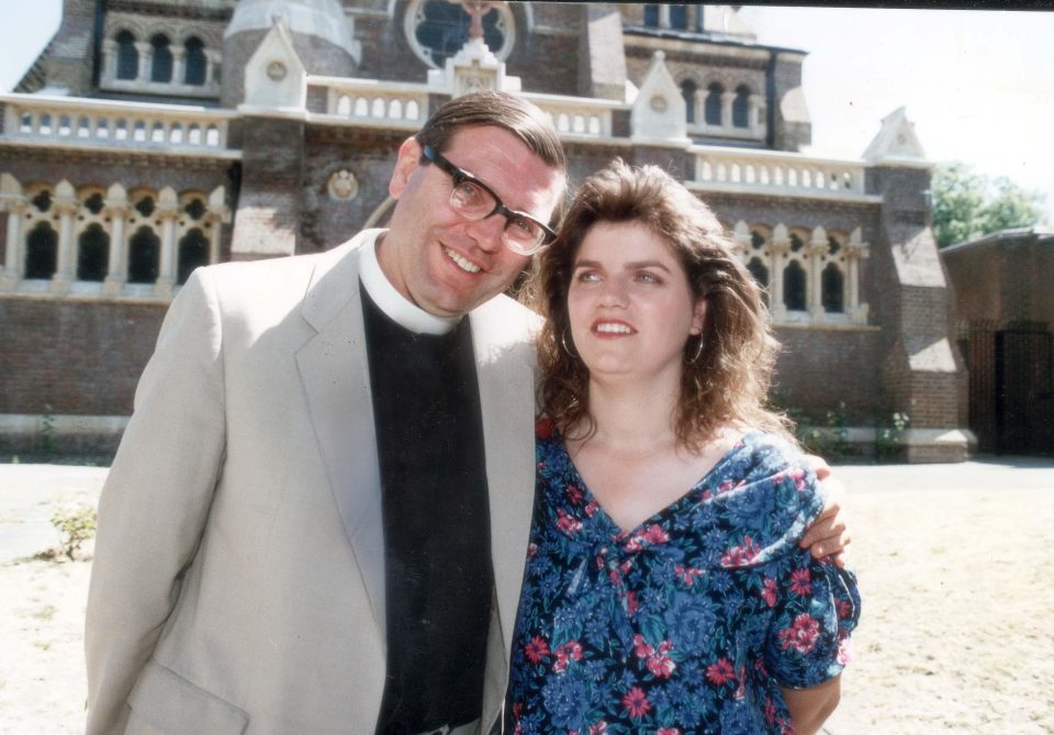 Jill Saward with her father Reverend Michael Saward outside Ealing Parish Church in 1986