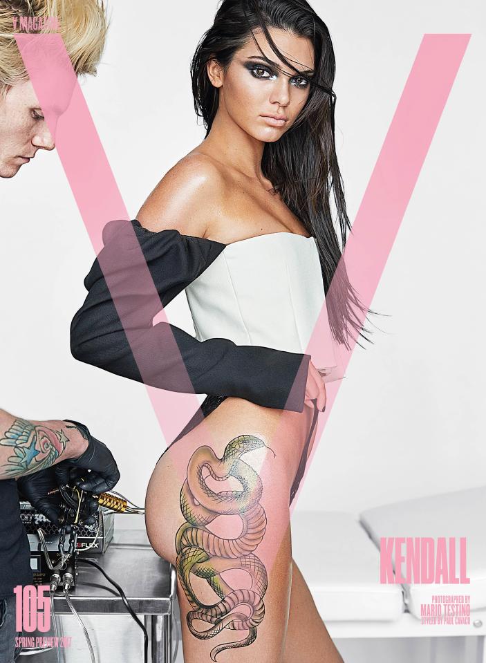  Kendall Jenner shows off her snake tat on the front cover of V Magazine