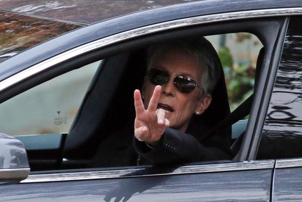  Jamie Lee Curtis was pictured leaving the compound where the service was being held in a compound in Coldwater Canyon in Los Angeles