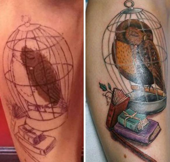  A girl transformed the oval brown spot on her arm into a stunning owl