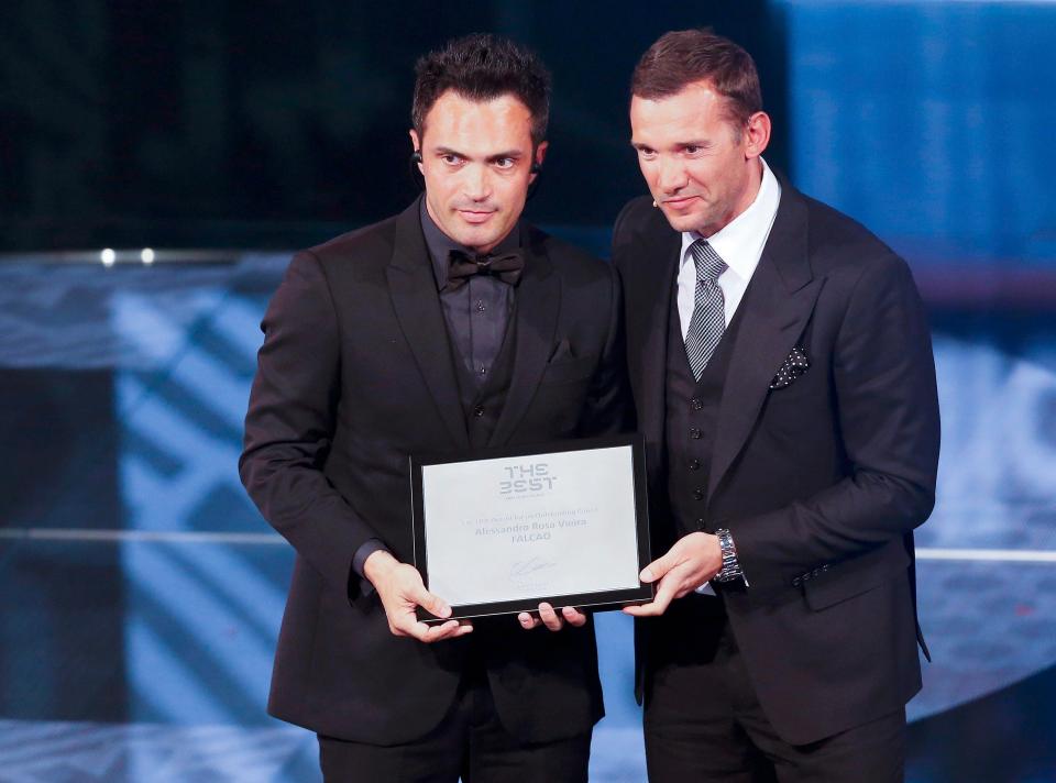  Shevchenko presented futsal player Falcao with the FIFA Award for Outstanding Career