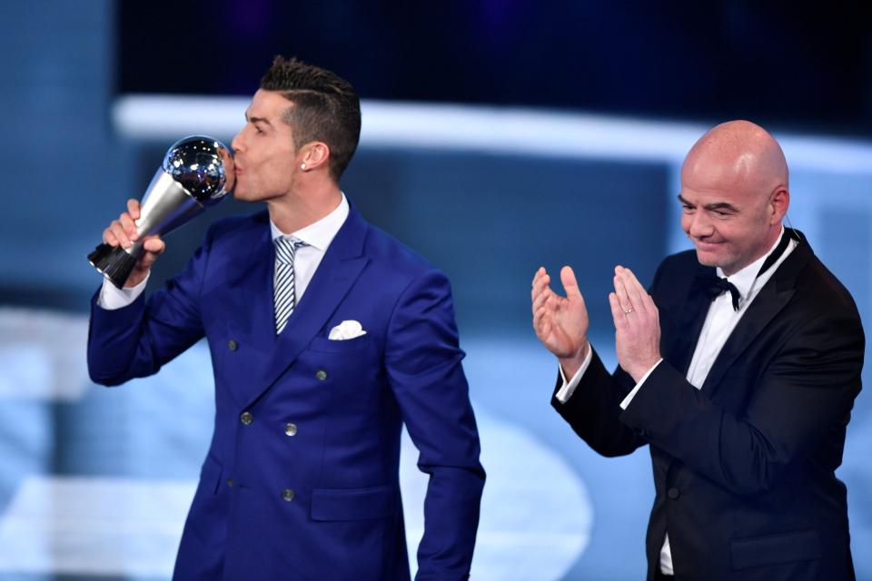  Ronaldo kisses the trophy after being named Fifa's Best Male Player tonight