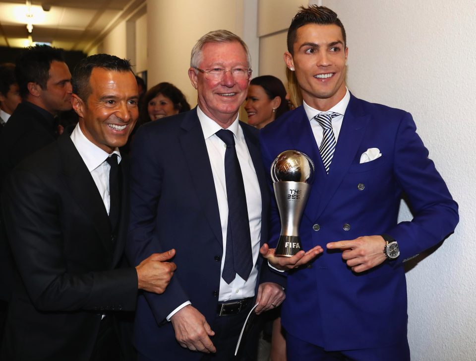  Sir Alex Ferguson (centre), who brought Cristiano Ronaldo to the Premier League, is clearly delighted at the award, as is Ronado's agent Jorge Mendes, left