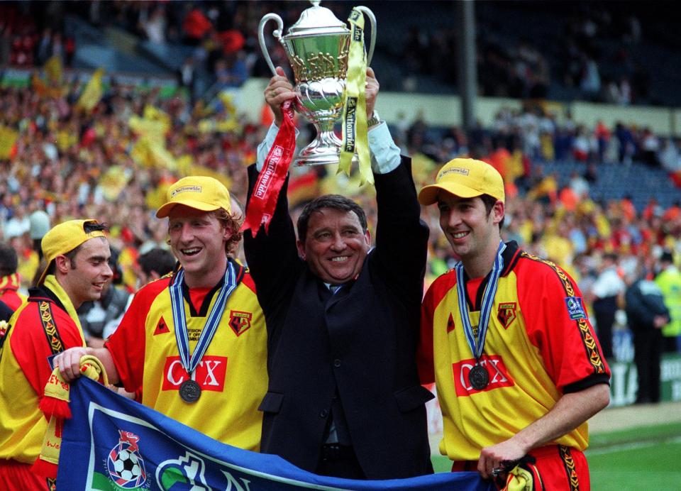 Taylor celebrates with his players after their 2-0 victory over Bolton in the Nationwide Division One play-off final in 1999