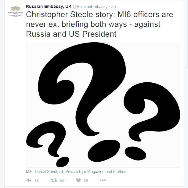  The Russian embassy in London tweeted that 'MI6 officers are never ex', alleging Steele was still connected to British intelligence