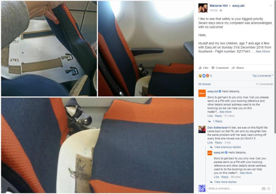  Melanie's original post on Facebook which showed the broken seat 