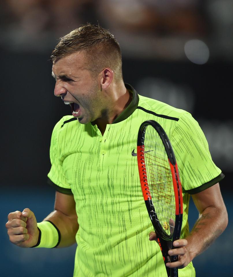  Dan Evans roars after beating Andrey Kuznetsov in the semi-final of the Sydney International.