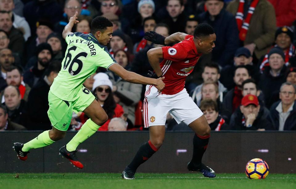 Anthony Martial struggled to make an impact against Liverpool youngster Trent Alexander-Arnold