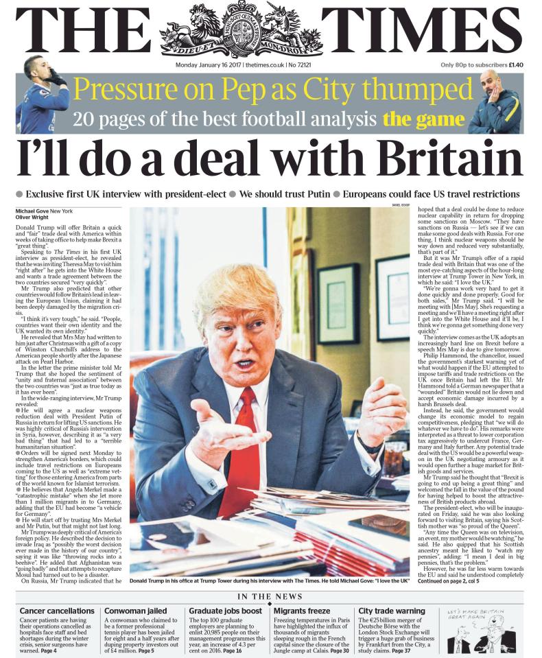  Today's Times - Mr Trump told Michael Gove he would meet with Theresa May as soon as he gets into office