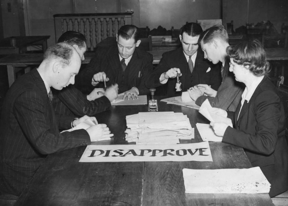 Senior medics during the sorting of ballot papers in the British Medical Association's plebiscite to ascertain doctors' views on joining the National Health Service scheme