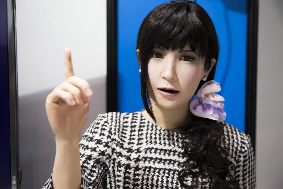 Humanoid robot Mirai Madoka is demonstrated at the Robodex trade show in Tokyo