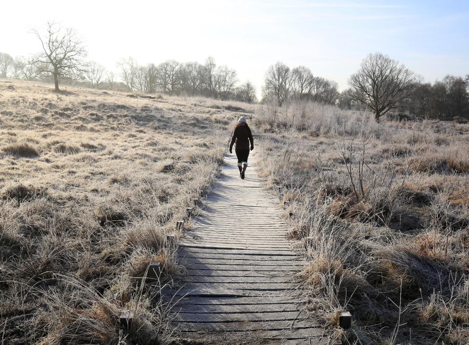 A woman walks across a frosty wooden footpath early in the morning 