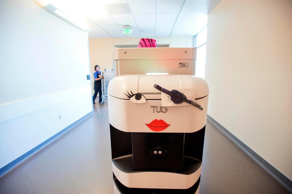 Robots called TUGs are also being used on hospital wards in San Francisco.