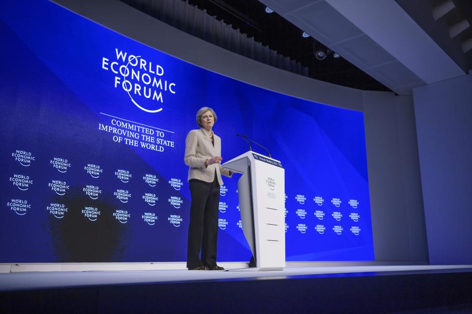  Mrs May was speaking at the World Economic Forum this morning