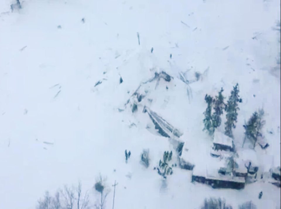  An aerial view of the buried Hotel Rigopiano, near the village of Farinfola