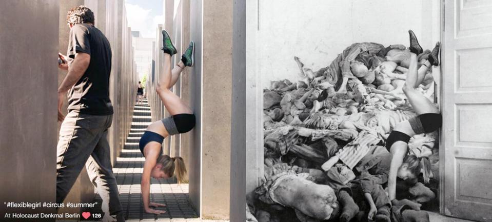  A shocked onlooker stares as a girl in a sports bra and shorts does a handstand on the side of the memorial