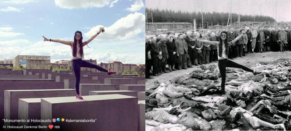  A woman disrespectfully pulls some yoga moves atop of the memorial