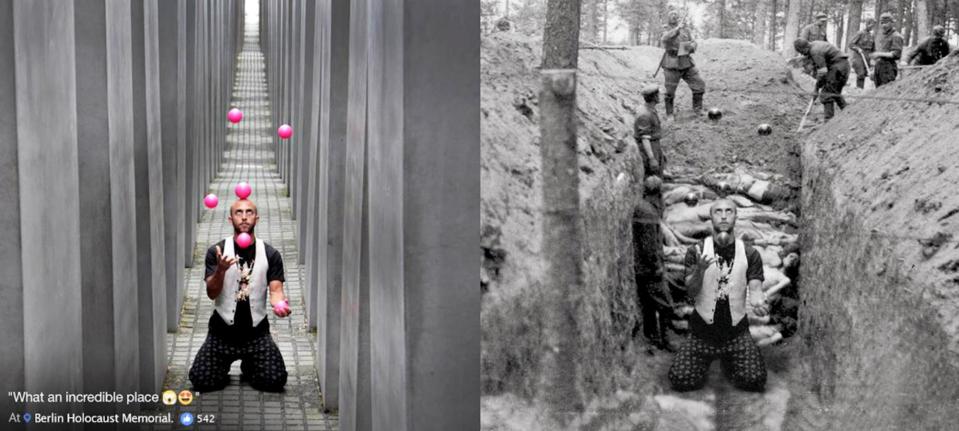  A man describes the memorial as an "incredible place" and pretends to juggle in between the stones