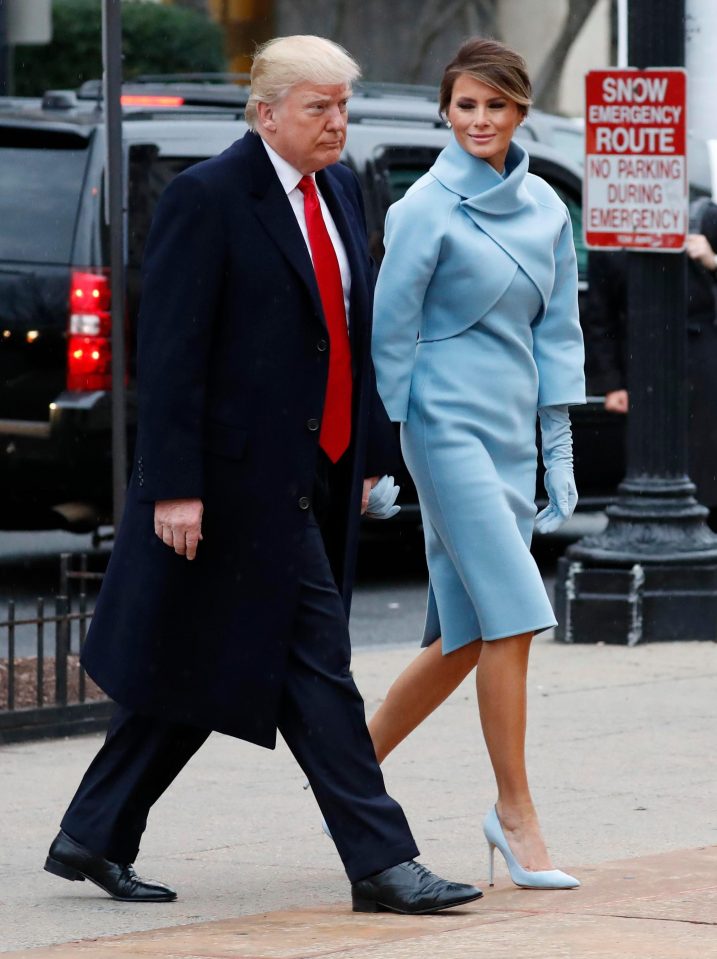  Melania paired the block colour dress with a pair of her signature pin-thin heels and matching gloves