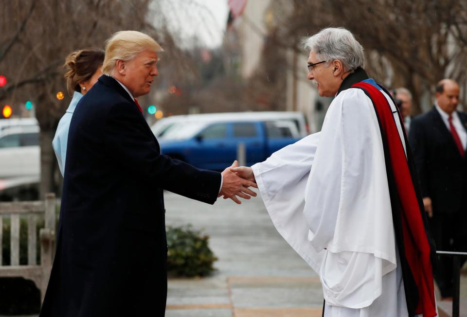  Trump, pictured arriving at church this morning, said the rain meant people would finally 'realise it's my real hair'