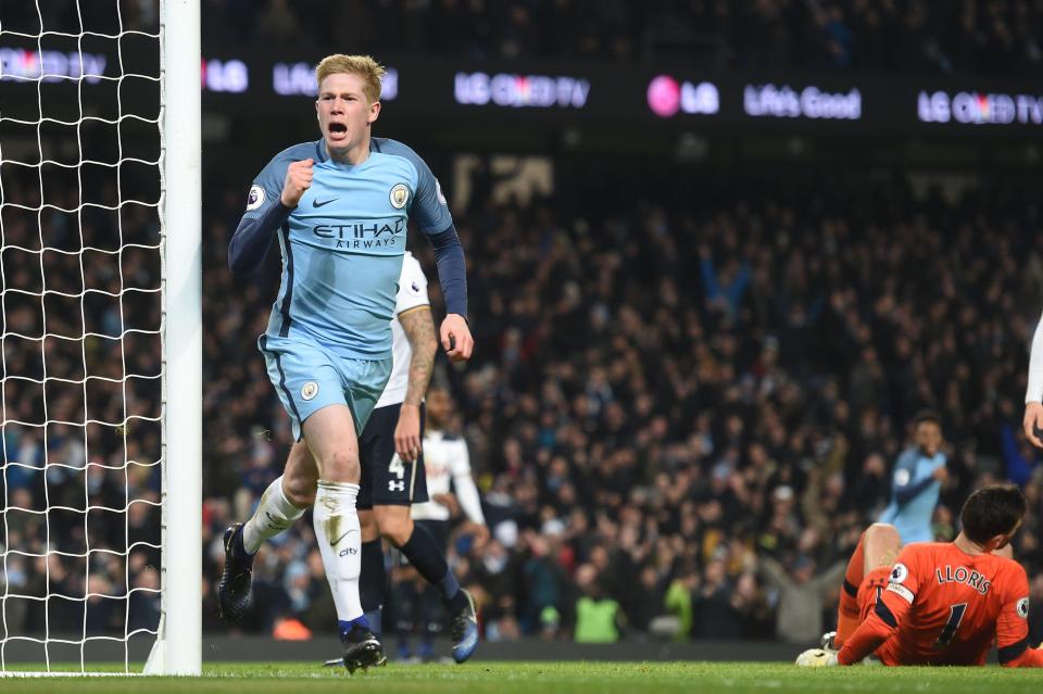  Kevin De Bruyne wheeled away whilst Lloris looked dejected on the turf