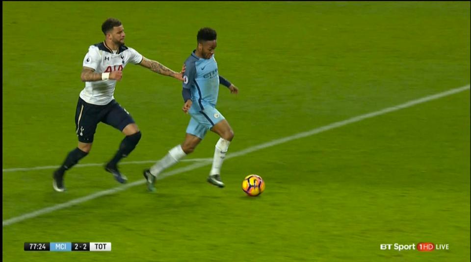 Referee Andre Marriner somehow failed to spot the obvious push on Raheem Sterling from Kyle Walker