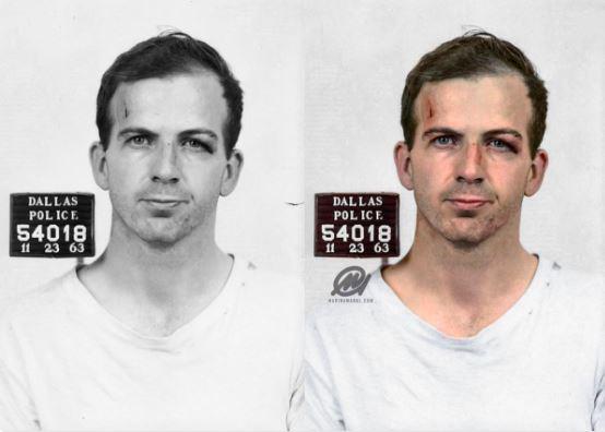  1963: Mugshot of President Kennedy's killer Lee Harvey Oswald, before and after the Photoshop retouching work by Marina Amaral