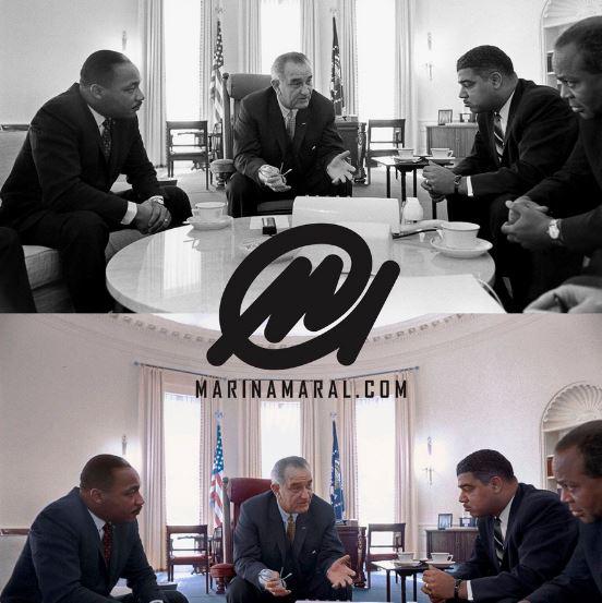  1964: In the White House, US President Lyndon Johnson meets with Civil Rights leaders Roy Wilkins, James L. Farmer Jr., Martin Luther King Jr. and Whitney Young