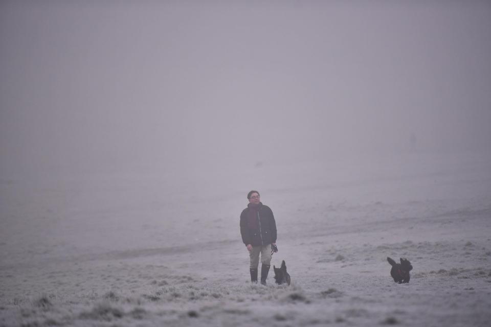  A man and his dogs walking through the freezing fog on Parliament Hill in Hampstead Heath, London this morning