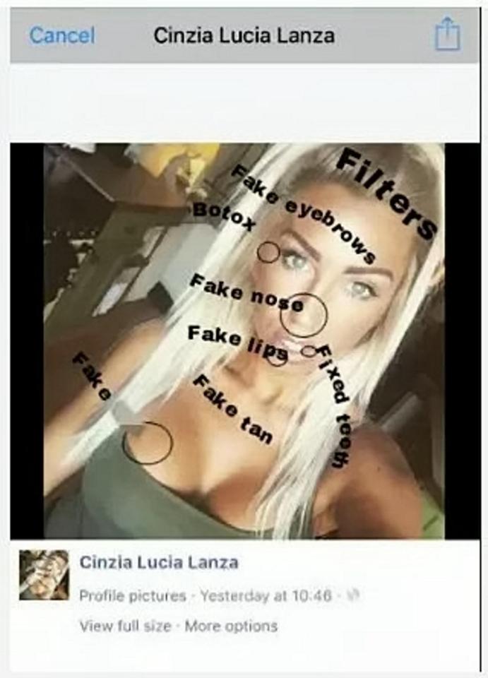  One doctored photo on fake profile saw Cinzia's appearance repeatedly branded "fake"