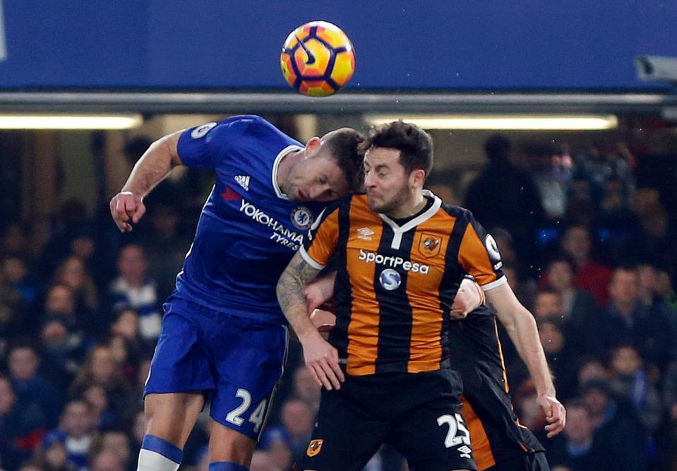 Chelsea’s Gary Cahill (left) and Hull’s Ryan Mason (right) clashed heads in a recent match – leaving Mason with a fractured skull