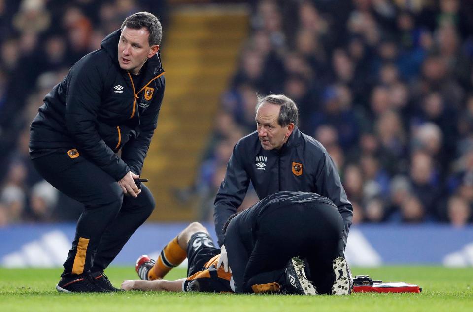 Ryan Mason was given a neck brace and oxygen as he was taken off the Stamford Bridge pitch on a stretcher