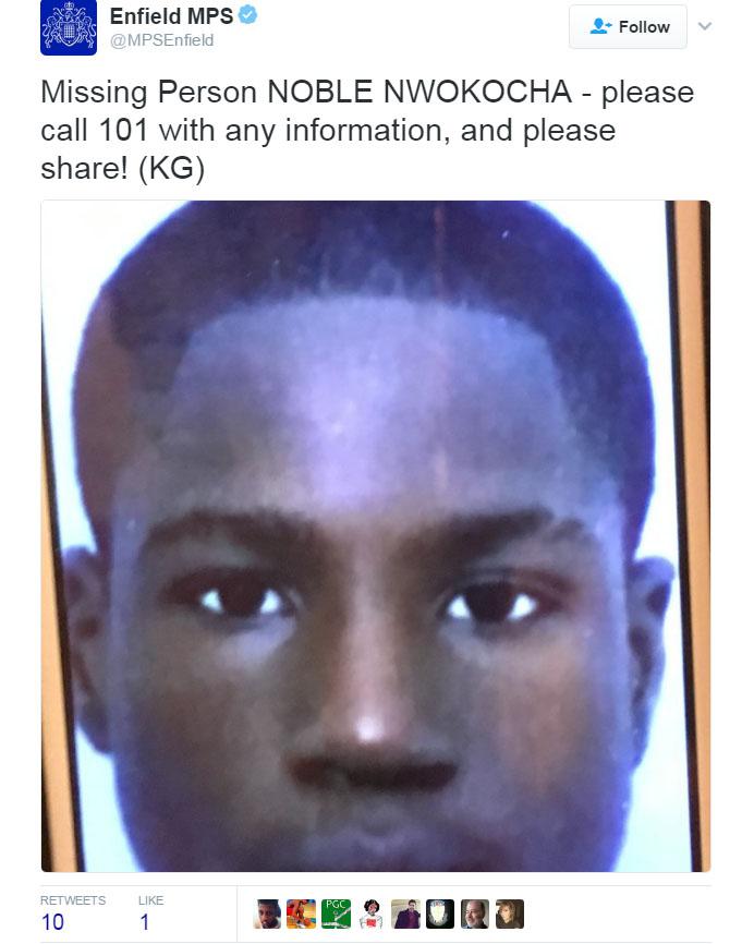  A photograph of missing Noble was shared by Enfield police after the mix up